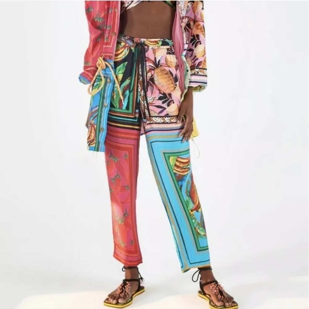 Farm Rio Scarf Mix Pants Multi Color Tropical‎ Fruit Print Beaded Tassel S NEW